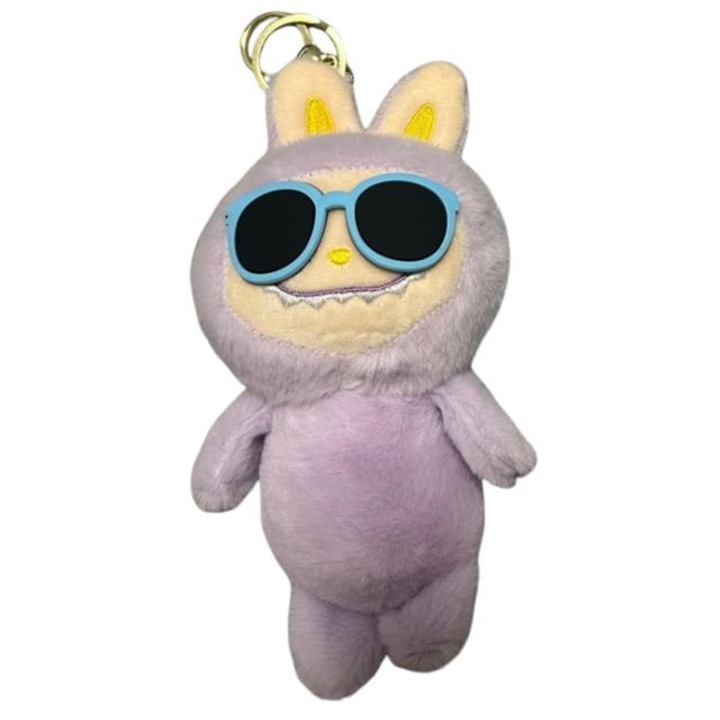 Figurina LaBubu, breloc cu ochelari de soare, plus, moale si pufos, mov, 18 cm
