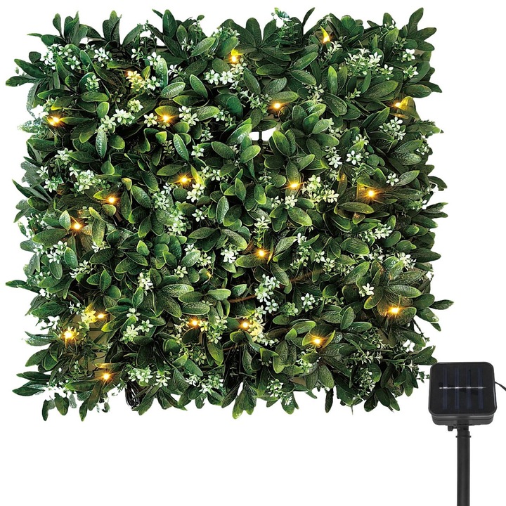 Панел от изкуствени растения с цветя и 22 LED крушки 50x50 см