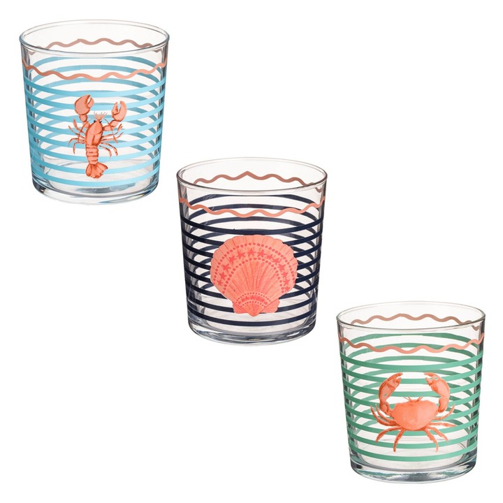Set 3 pahare din sticla colorata cu dungi 'sea life' 380ml