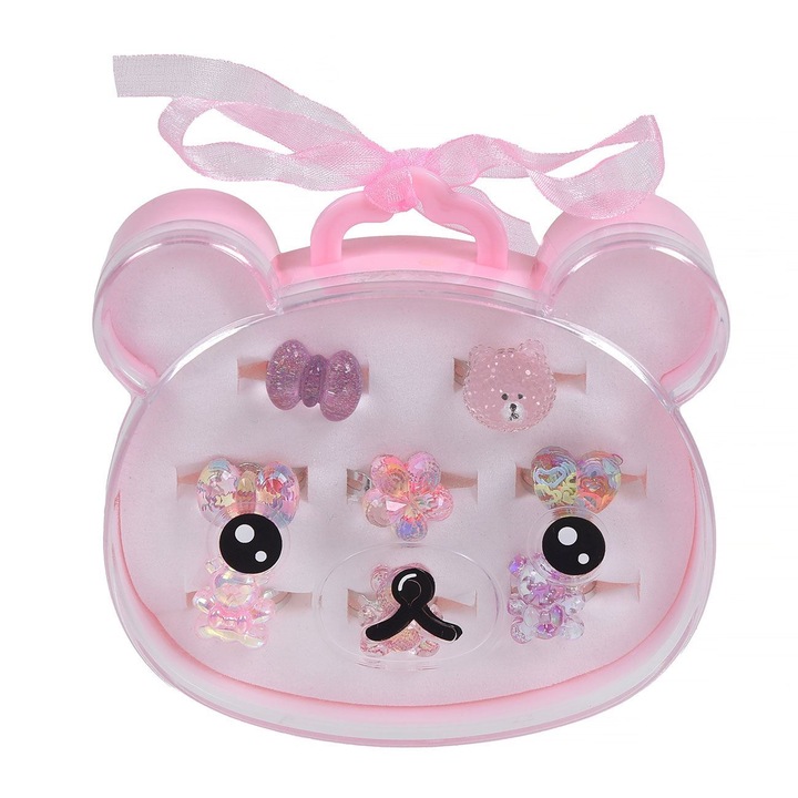 Inele de vara ursuleti fundite inimi in cutie ursulet pentru copii - 8buc