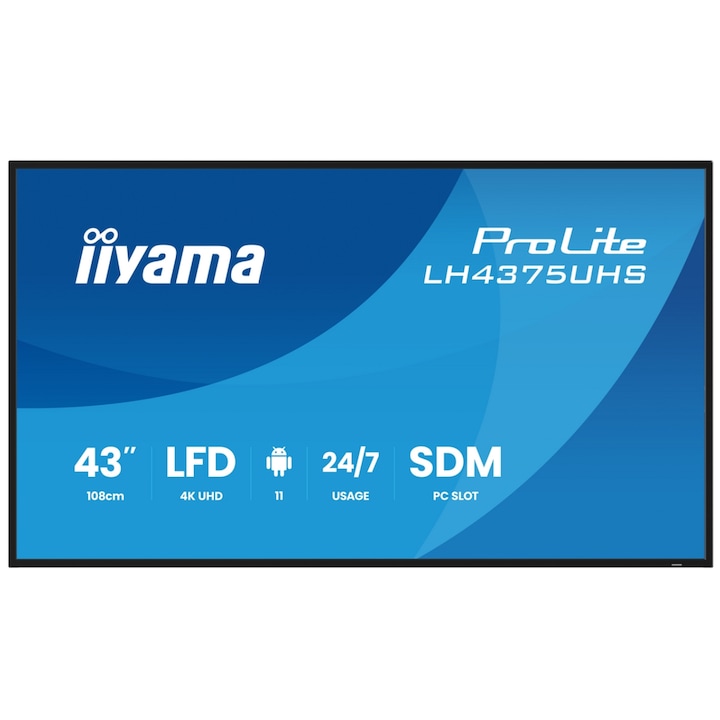 Iiyama 42,5"-os IPS LED professzionális képernyő, LH4375UHS-B2AG, UHD 3840 x 2160, HDMI, DisplayPort, fekete hangszórók