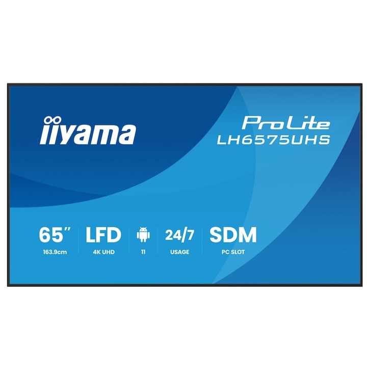 Iiyama 64,5"-os IPS LED professzionális képernyő, LH6575UHS-B2AG, UHD 3840 x 2160, HDMI, DisplayPort, fekete hangszórók