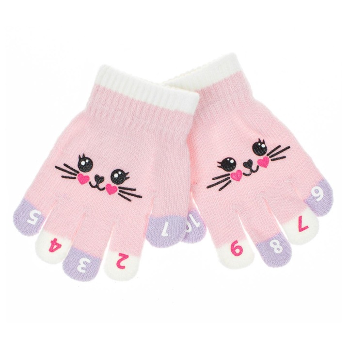 Manusi roz cu model pisica & degete colorate pentru copii 2-5 ani - 1 pereche