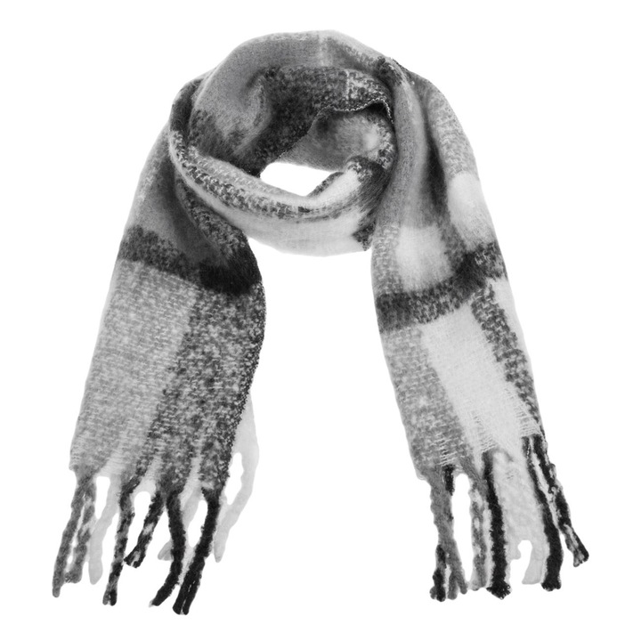 Fular gri negru in carouri cu franjuri lungi 185x30cm