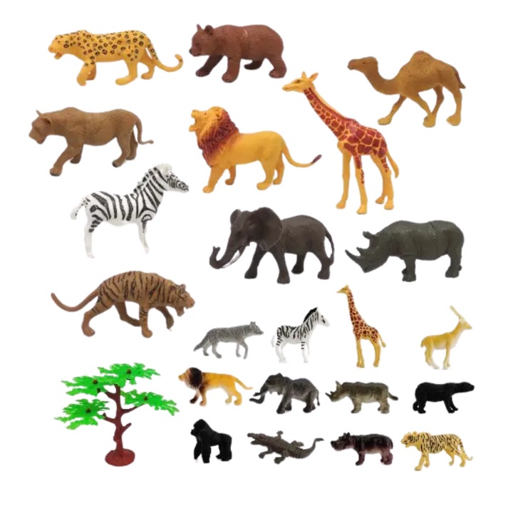 LUDIRO Oktatókészlet 23 vadállattal és fával, valósághű figurákkal gyerekeknek, különböző méretekkel és tárolódobozzal, tanulás aktív játékon keresztül