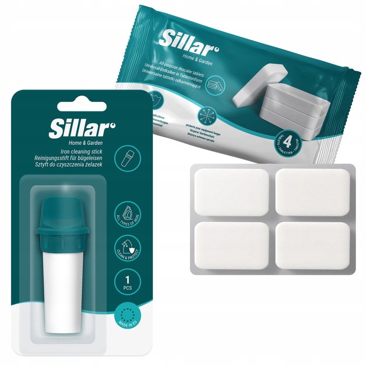 Tablete pentru decalcifiere, universale, 4 buc + spatula pentru curatarea talpii fierului de calcat, sub forma de stick, Sillar, set