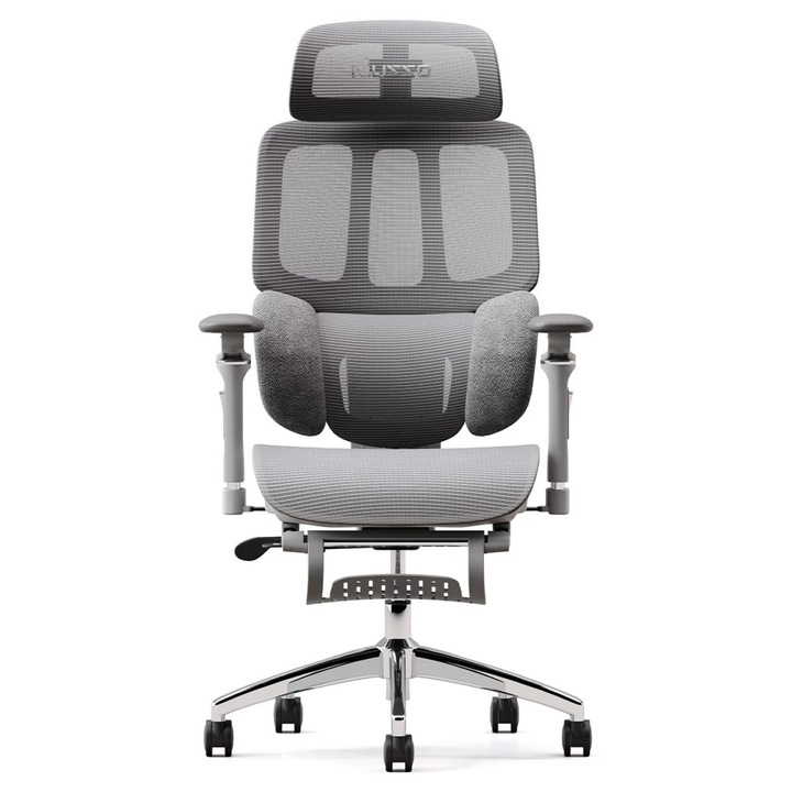 Scaun Ergonomic Premium, Scaun Birou Reglabil Cu Sezut Translatabil, Spatar Ajustabil Pe Inaltime, Suport Lombar Dinamic, Tetiera 3D Reglabila, Suport Picioare Retractabil, Mecanism Multifunctional Inclinare/Blocare, Mesh Respirabil, Gri