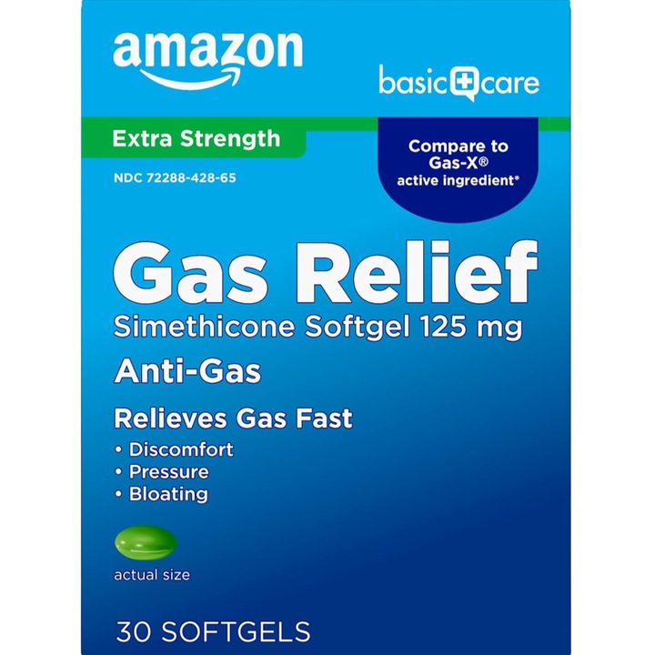 Supliment Alimentar, Amazon Basic Care, Gas Relief, Amelioreaza Rapid Balonarea si Disconfortul Abdominal Cauzat de Gazele Intestinale, 30 comprimate