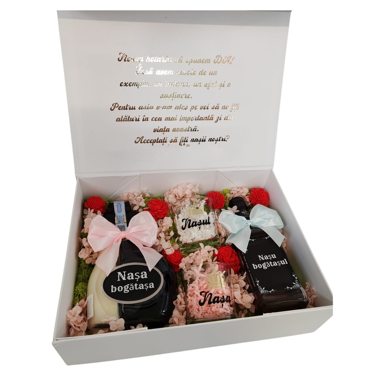 Set cadou nasi, modelul 28, fara voi povestea noastra ar fi incompleta, flori uscate si criogenate