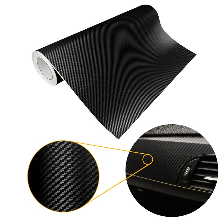 Placaj autoadeziv termoplastic, structura de carbon, 75 x 1500 cm, DecoMeister®, Model Negru, FC001-075-1500S