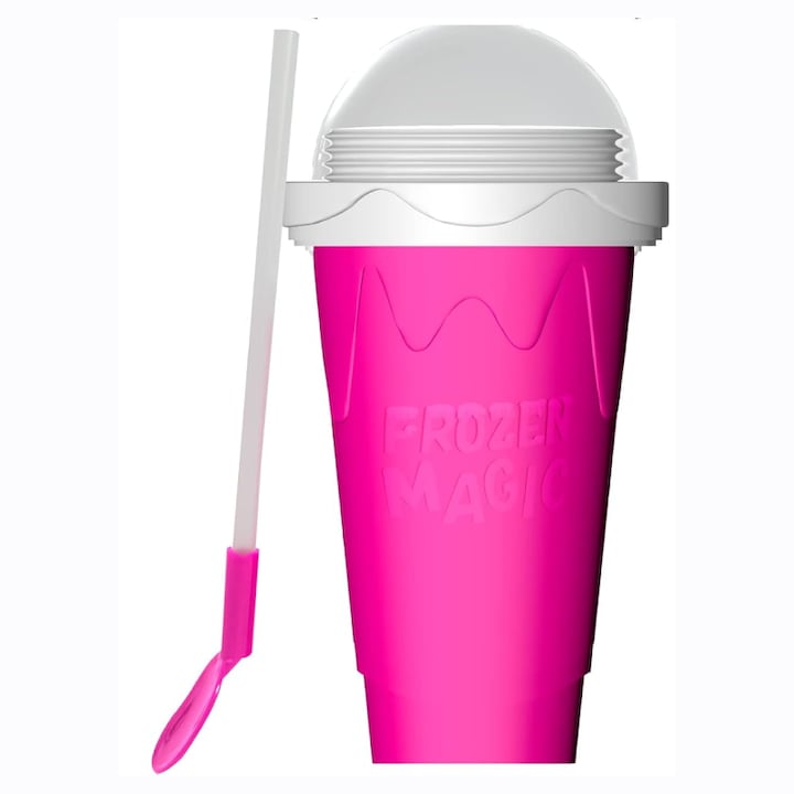 Pahar Magic pentru Slush Premium SUPER TRENDS® 2-in-1 cu Lingura Pai Reutilizabila, 250ml, cu Tehnologie de Inghetare Rapida, Pereti Dubli, Material Silicon Alimentar, Roz