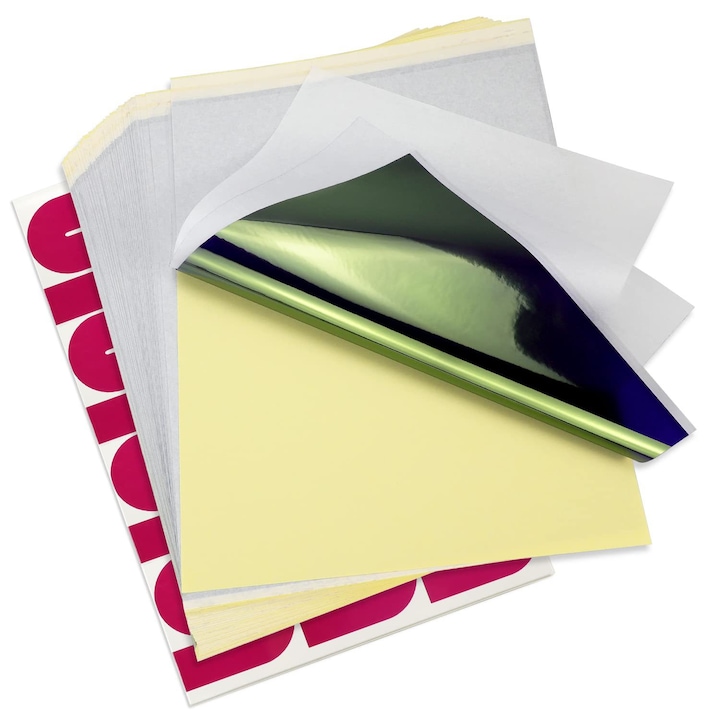 Hartie de transfer pentru tatuaje, 4 straturi premium pentru stencil, fara decolorare, de 100 de coli, Dimensiune A4, Hartie de calc DIY, Hartie sablon pentru imprimanta sau desen de mana, Design clar, Nu este usor de sters, Albastru/Galben