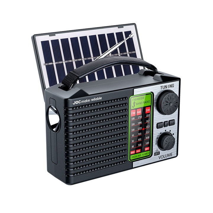 Radio portabil, energie solara, Bluetooth, USB, suport pentru expansiune card TF, lumina LED, durata lunga de viata a bateriei, 16, 2x7, 6x10, 5cm, negru