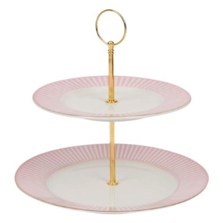 Suport de prajituri pe doua niveluri, Roz cu margini aurii, maner auriu, 24 cm / 19 cm