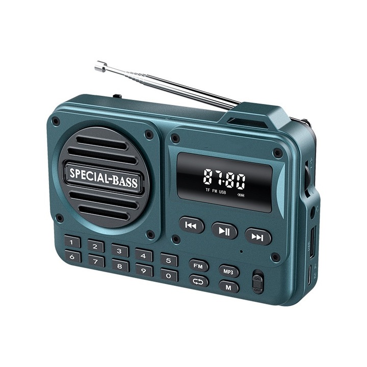Radio portabil, Bluetooth, AM/FM/SW, afisaj digital LED, suport card TF, USB, mufa pentru casti de 3, 5 mm, butoane multifunctionale, durata lunga de viata a bateriei, 11, 8x7, 4x3, 4 cm, albastru