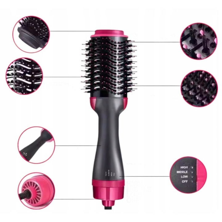 Perie de par 5 in 1, PrzyPas, uscator, placa, ondulator, modeleaza si usuca, 1000W, 3 trepte de temperatura, perie, ridica de la radacina, cablu rotativ, pentru bucle si par drept, negru