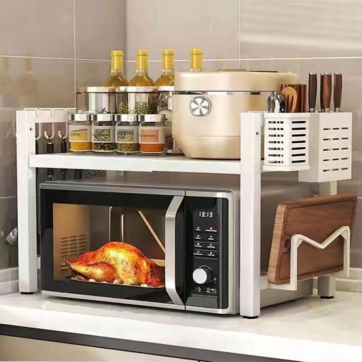 Метален рафт за микровълнова фурна, Wacorresi, Регулируем, кухненски органайзер, 40-60 x 36.5 x 45 см, Бял