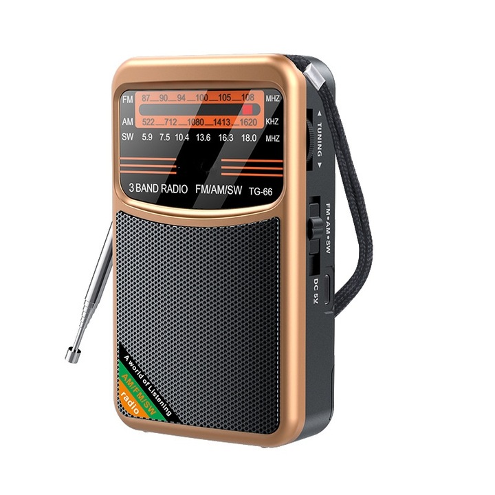 Radio portabil, AM/FM/SW, mufa pentru casti de 3, 5 mm, volum mare, incarcare USB, durata lunga de viata a bateriei, 70, 5x31, 6x116, 2 mm, auriu