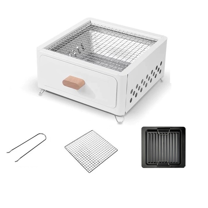 Gratar cu carbuni, Gratar portabil in aer liber, alb, in natura BBQ, suprafata de gatire 31 cm, patrat, pentru gratar in aer liber, camping picnic, gradina de nisip petrecere de plaja