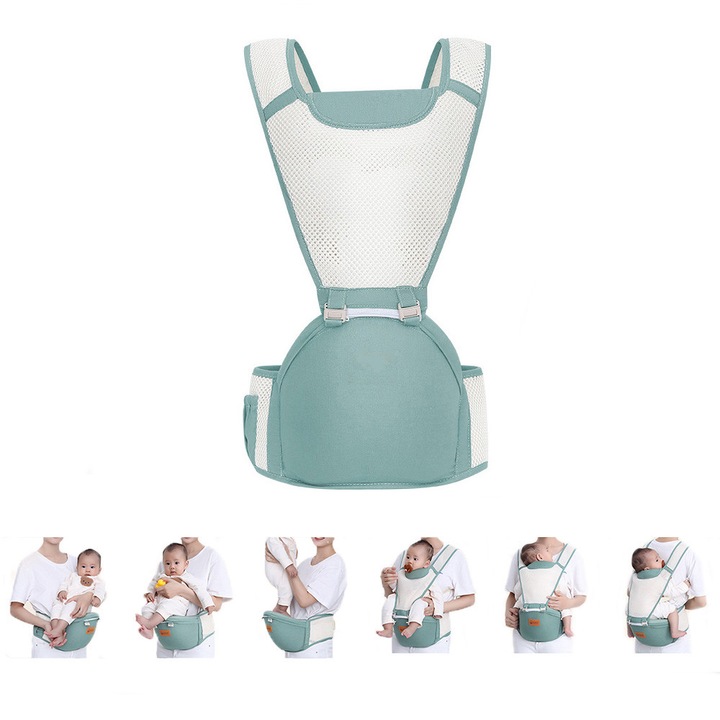 Бебешка раница, първокласен памук, ергономична, здравословен за бедрата дизайн, удобна, безопасна и мека, намалява натиска и болката в горната част на гърба, многофункционална с 6 позиции за носене, поддържа 15 кг, 0-3 години, зелена