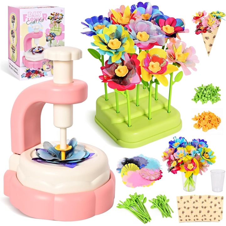 Kit DIY Buchet de Flori din Material pentru Copii 3-12 ani – Jucarie Educativa, Cadou Creativ, Manualitati