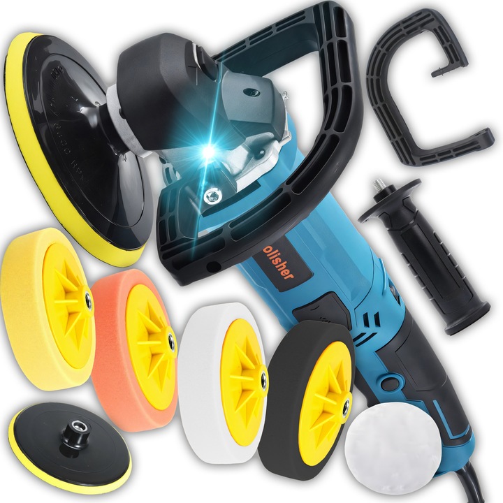 Комплект шлайфмашини RETOO HandyTools, Автоматично полиране и полиране, 2900 W, Регулируема скорост 500-3300 об/мин, Монтажна резба M14, Система с ниски вибрации, 8 аксесоара, 180 мм фиксиращ диск, 4 полиращи гъби, Резервни графитни четки, Черно-син