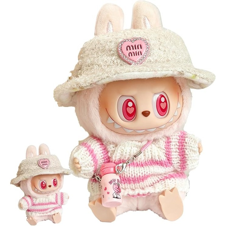 Комплект от 3 дрешки за кукли Лабубу, Cootway, 15/17 см, шапка с марлена пола с аксесоари, Розови (куклата не е включена)