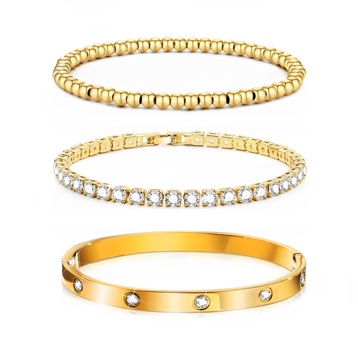 Set bratari dama 3 piese, TREXORA, auriu, inox, placate cu aur