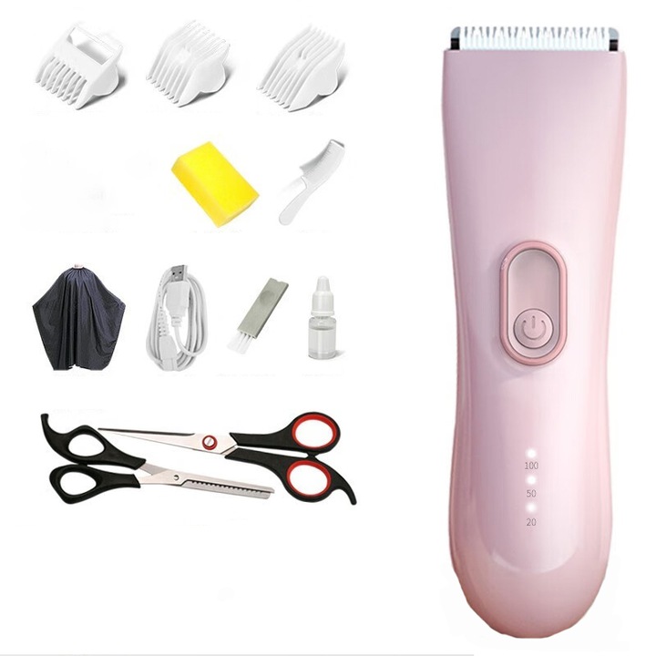 Baba- és gyermekhajvágó, Rqiurpn, kerámia és rozsdamentes acél pengék, vezeték nélküli, vágásgátló funkció, csendes, vízálló, USB-n újratölthető