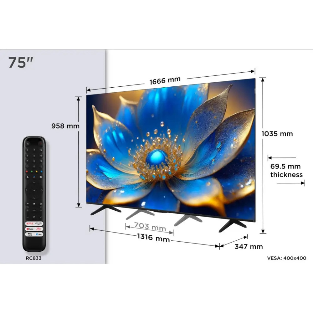 Televizor TCL 75inch QLED Android TV HDR10+ Tehnologie Bionic de optimizare a culorilor Dolby Vision Dolby Atmos 2x10W 75P79K