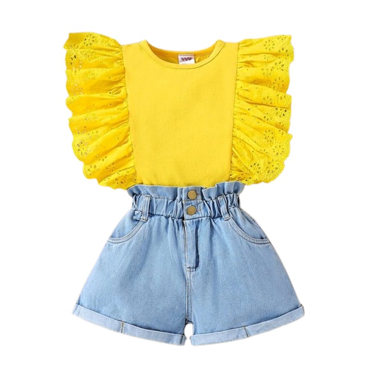 Set fete 2 piese, tricou galben si pantaloni scurti, Galben/Albastru