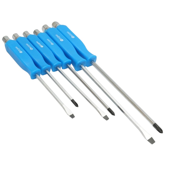 6 darabos króm-vanádium ütvecsavarhúzó készlet javításhoz és összeszereléshez, 3 kereszt- és 3 egyenes, 5-150 mm, kék