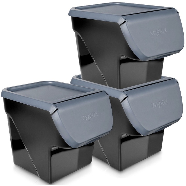 Set 3 Recipiente Pentru Legume Si Fructe, Vilde, 13 L, 34x26x27.5 cm, Negru, Rezistente Si Sigure - Fabricate Dintr-Un Material De Inalta Calitate, Cu Capace, Utilizare Universala, Ideale Pentru Depozitarea Fructelor Si Legumelor