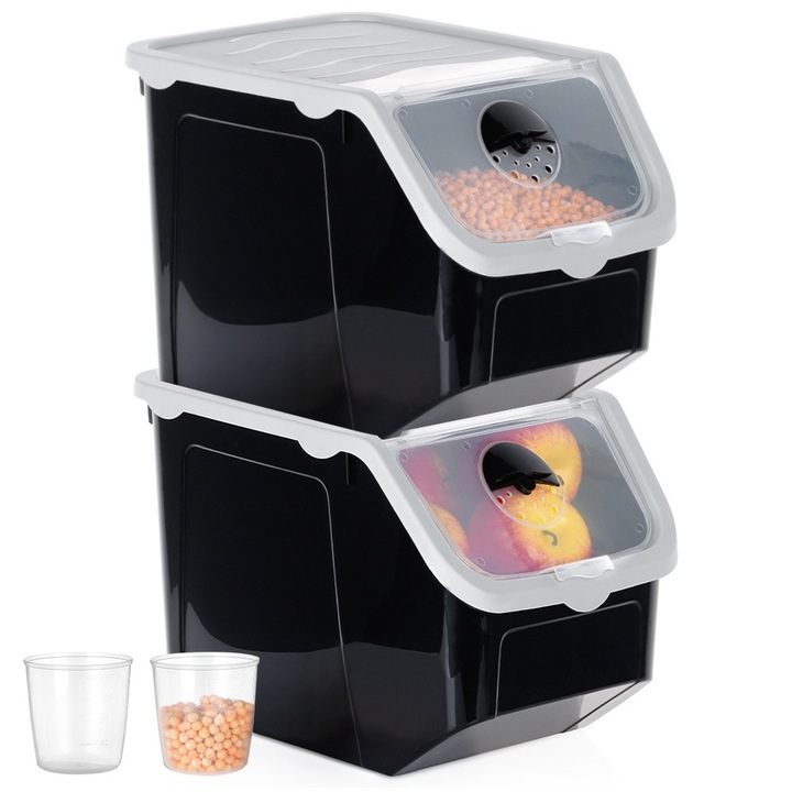 Set 2 Recipiente Pentru Depozitare, Vilde, 12 L, 33x23.5x23.5 cm, Negru, Material Plastic, Ventilatie Reglabila, Capace Incluse, Linguri Incluse