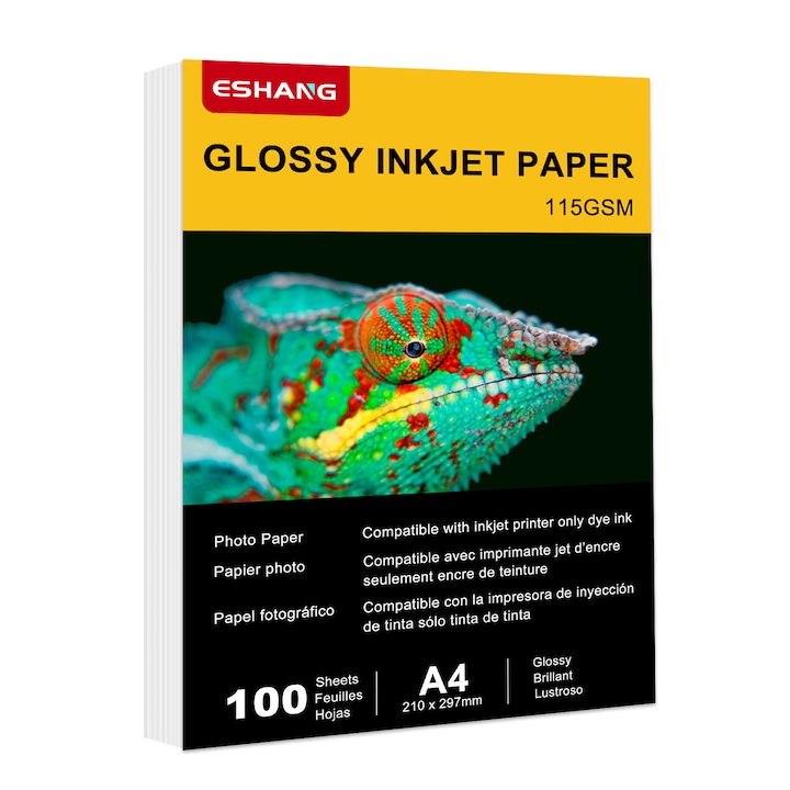 Hartie foto glossy A4 ESHANG, 100 coli, 115gsm, dimensiune 210x297mm, optimizata pentru imprimante cu cerneala pe baza de colorant