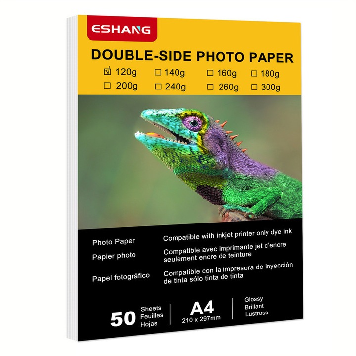 Hartie foto glossy A4 ESHANG, 120g/m², set 50 coli, 210x297mm, imprimare fata-verso
