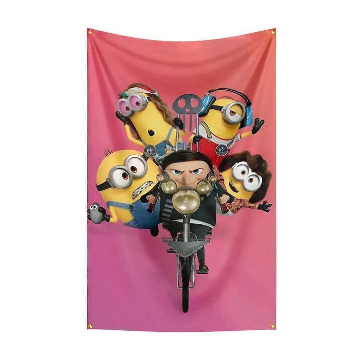Steag/panza decorativa Minions, poliester 100D, imprimare digitala pe o fata, cu capse metalice, Multicolor, 60 x 90 cm