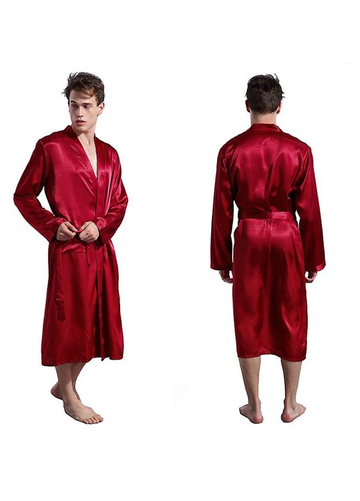 Halat barbati, poliester satinat, maneci lungi, cordon, rosu inchis, S INTL