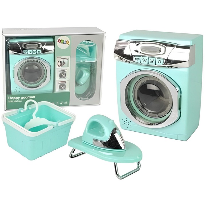 Детски комплект за пране, Пералня, Ютия, Аксесоари, Светлини, Звуци, 3+ години, Размер: 22 сантиметра, Цвят: Светло син/мента