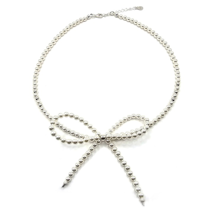 Colier handmade, ajustabil, din argint 925, Lexy's Boutique, forma fundita, pietre semipretioase scoica, alb/argintiu, max. 43.50 cm