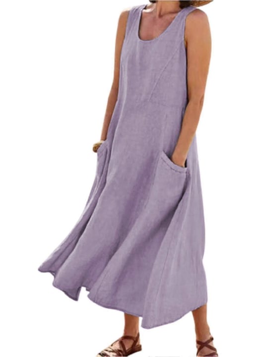Rochie de plaja, model boho, fara maneci, albastru, bumbac si in, croiala lejera, S INTL, Violet