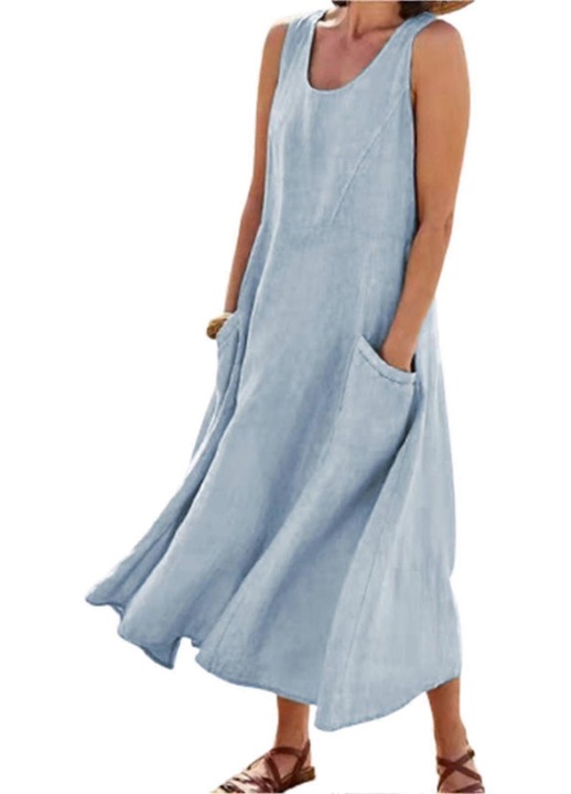 Rochie de plaja, model boho, fara maneci, albastru, bumbac si in, croiala lejera, S INTL, Albastru