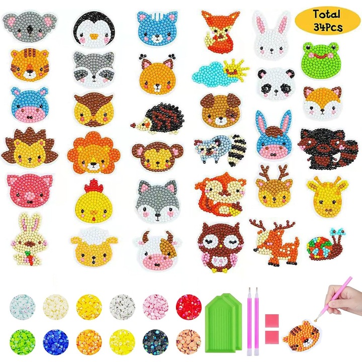 Set 34 Proiecte Stickers Diamond Painting pentru Copii, Autocolant DIY Creative Diamond Mozaic, Autocolante Mozaic 5D cu Diamante, Kit Pictura Diamant pentru Incepatori, Cadou pentru Baieti si Fete