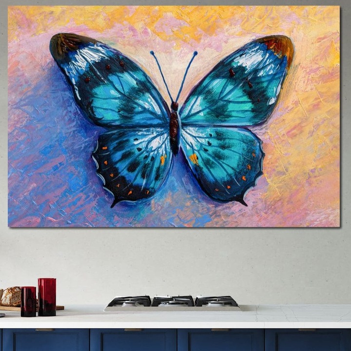 Tablou Canvas Premium, LuxCanva® M1150, Fluture Pictat de Valuri, 70 X 100 CM, Panza Bumbac 100% 400g/m2, Sasiu Lemn, Pictura, Albastru, Azur, Fluture, Ocean, Valuri, Aripi, Insecta, Abstract, Azur, Acuarela, Birou, Living, Camera Copil