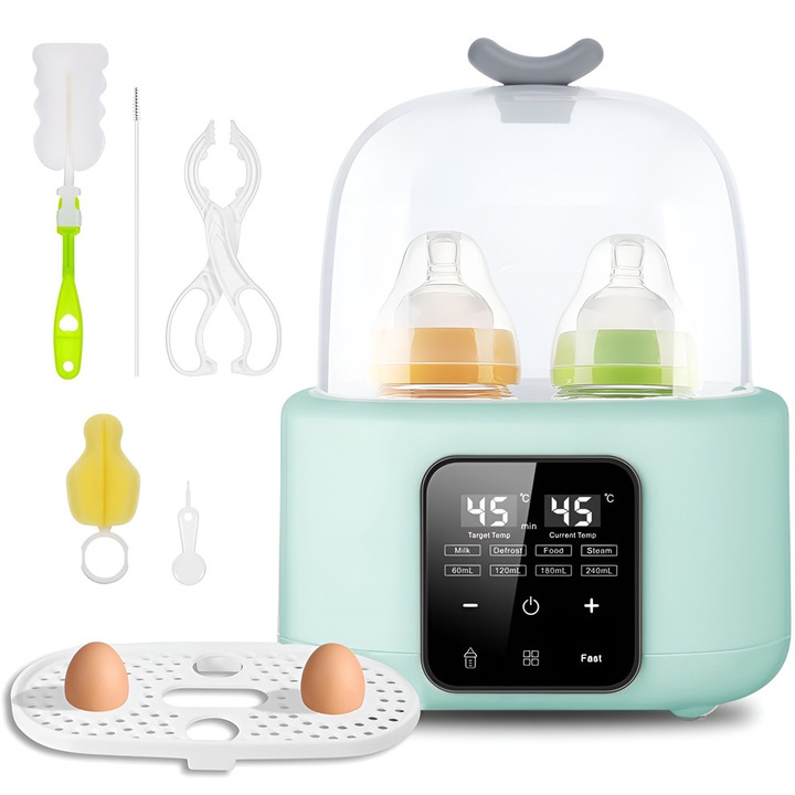 Sterilizator si Incalzitor Biberoane 8-in-1, Linomag®, 240ml, Temperatura Reglabila 37-100°C, Incalzire Rapida, Functie de Decongelare, Sterilizare cu Aburi, Ecran LCD, Ideal pentru Lapte & Alimente, Verde pal, 21X12.5X28cm