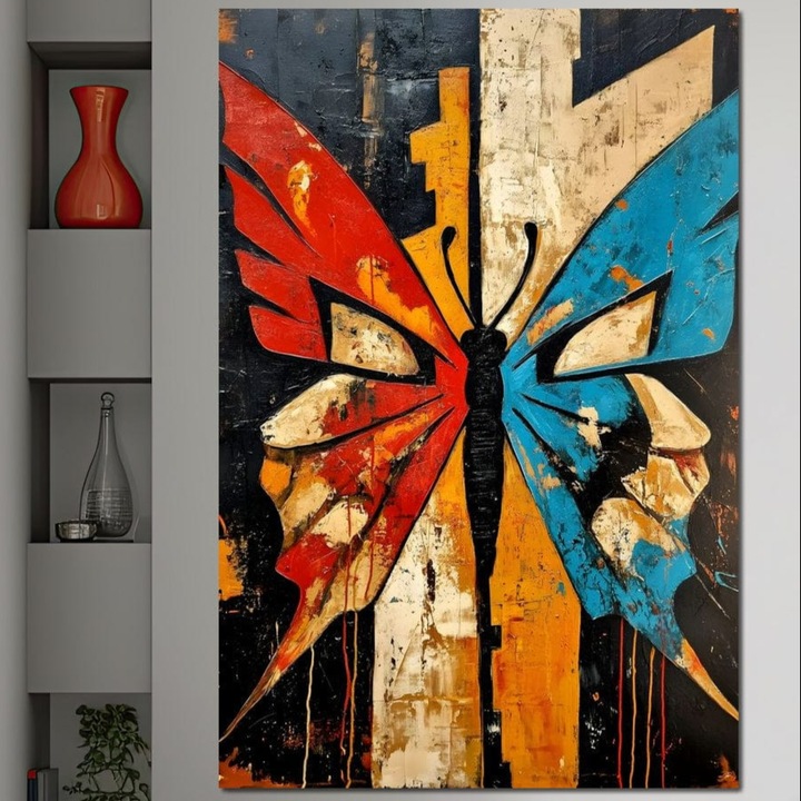 Tablou Canvas Premium, LuxCanva® M1153, Metamorfoza Urbana, 40 X 60 CM, Panza Bumbac 100% 400g/m2, Sasiu Lemn, Graffiti, Mural, Urban, Street Art, Fluture, Multicolor, Estetic, Modern, Aripi, Perete, Birou, Living, Camera Copil