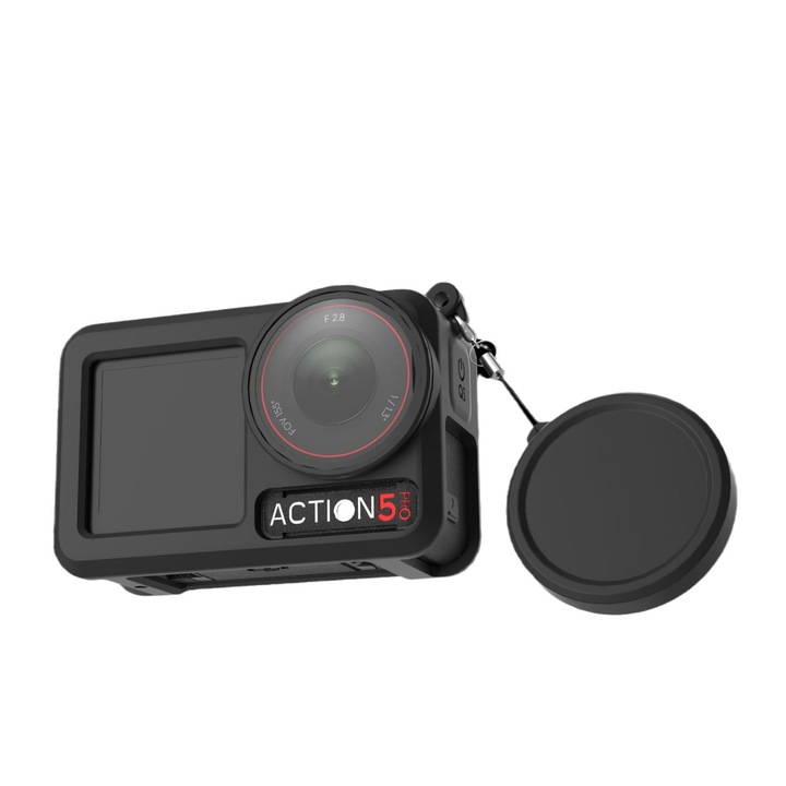 Husa de Protectie din silicon pentru camera video sport DJI OSMO Action 5, Action 4, Action 3 impreuna cu Capac de protectie Lentila din Silicon si Snur, Negru