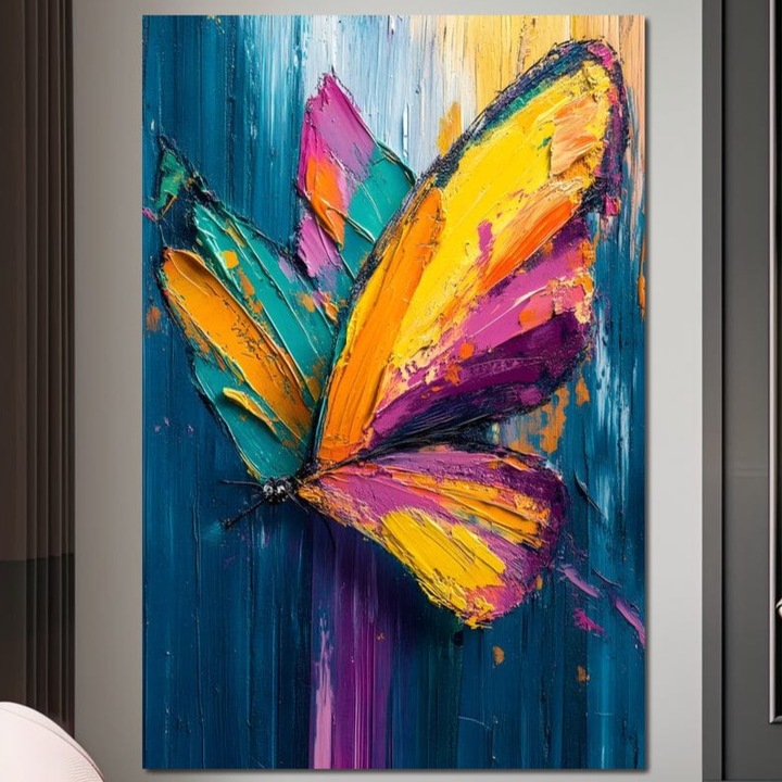 Премиум картина върху платно, LuxCanva® M1157, Цветен портал, 40 X 60 см, 100% памучно платно 400 г/м2, дървена рамка, картина, ярки цветове, интензивно, динамично, абстрактно, цвят, текстура, рисунка, акрил, пеперуда, модерно, офис, хол, детска стая