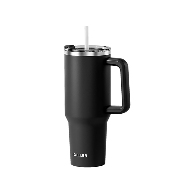 Diller, Cana Termos cu Maner si Capac cu Pai, 1180 ml, Perete Dublu, Termorezistenta, din Otel Inoxidabil, Rezistent la Scurgeri, Manere Ergonomice, Compatibil Suport Auto, Negru