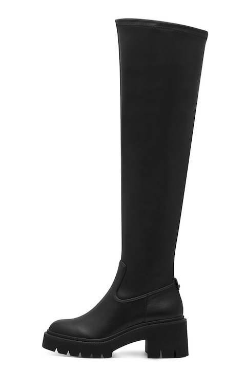 Tamaris, Cizme lungi pana peste genunchi din piele ecologica cu toc masiv, Negru, 39